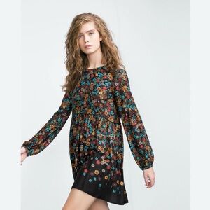 Zara Trafaluc Dress Black Floral Boho Size L Large Long Sleeve A Line
